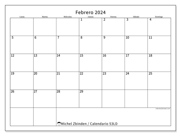 Calendario febrero 2024 “53”. Calendario para imprimir gratis.. De lunes a domingo