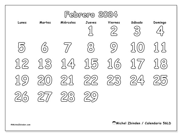 Calendario febrero 2024 “56”. Diario para imprimir gratis.. De lunes a domingo