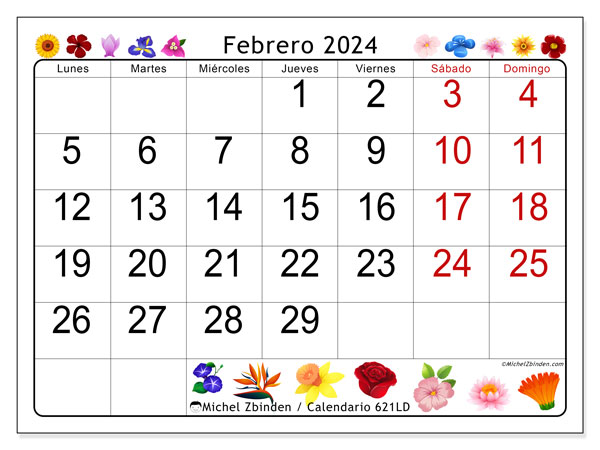 Calendario febrero 2024 “621”. Diario para imprimir gratis.. De lunes a domingo