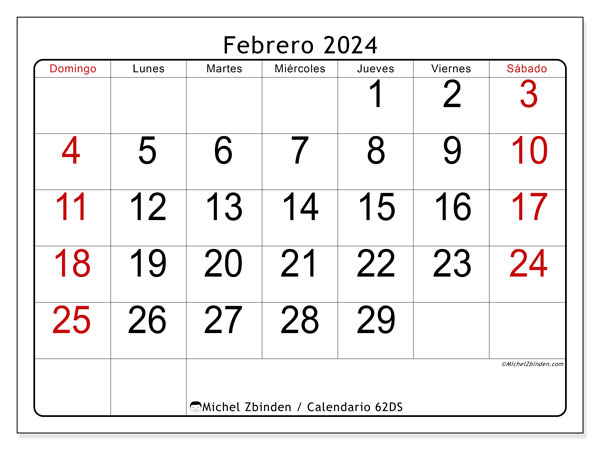 Calendario febrero 2024 “62”. Diario para imprimir gratis.. De domingo a sábado