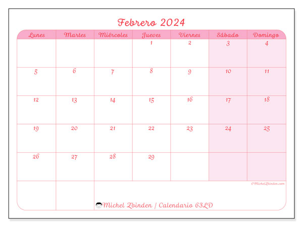 Calendario febrero 2024 “63”. Programa para imprimir gratis.. De lunes a domingo