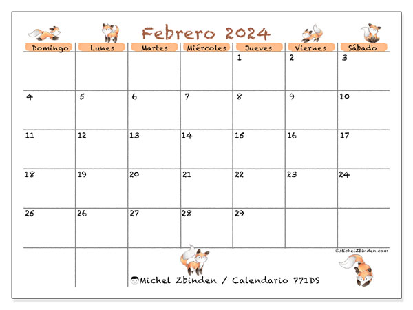 Calendario febrero 2024 “771”. Horario para imprimir gratis.. De domingo a sábado