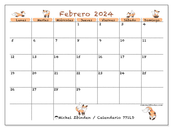Calendario febrero 2024, 771LD. Diario para imprimir gratis.