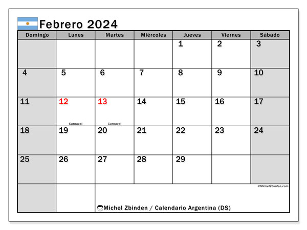 Calendario febrero 2024, Argentina, listos para imprimir y gratuitos.