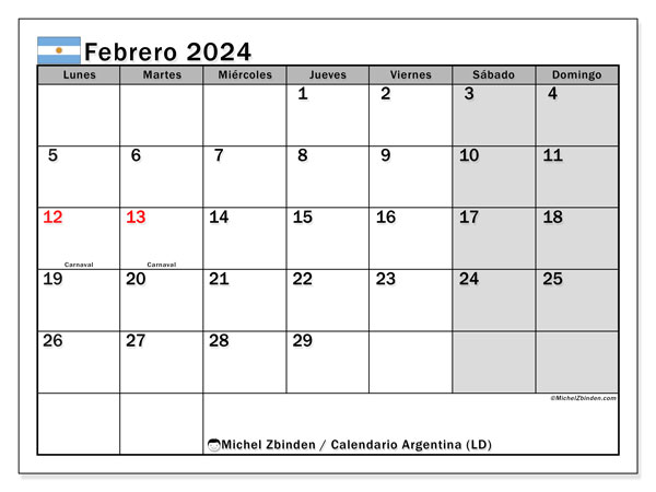 Argentina (LD), calendario de febrero de 2024, para su impresión, de forma gratuita.