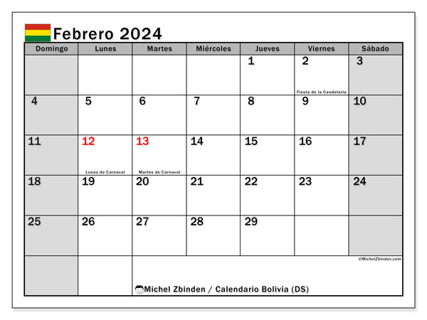 Calendário Fevereiro 2024, Bolívia (ES). Programa gratuito para impressão.