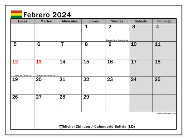 Calendario febrero 2024 “Bolivia”. Calendario para imprimir gratis.. De lunes a domingo