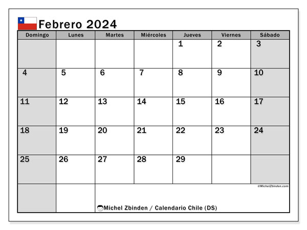 Kalender Februar 2024 “Chile”. Programm zum Ausdrucken kostenlos.. Sonntag bis Samstag