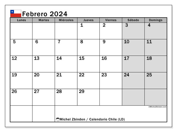 Kalender Februar 2024 “Chile”. Programm zum Ausdrucken kostenlos.. Montag bis Sonntag