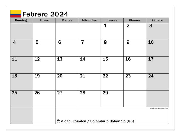 Kalender Februar 2024 “Kolumbien”. Programm zum Ausdrucken kostenlos.. Sonntag bis Samstag