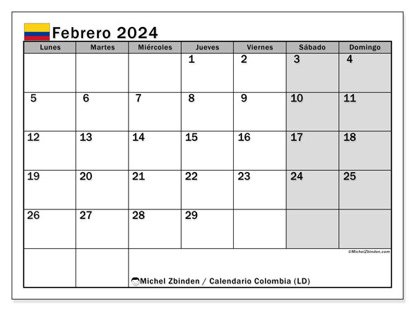 Kalender Februar 2024 “Kolumbien”. Programm zum Ausdrucken kostenlos.. Montag bis Sonntag