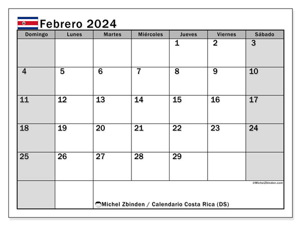 Kalender Februar 2024, Costa Rica (ES). Plan zum Ausdrucken kostenlos.