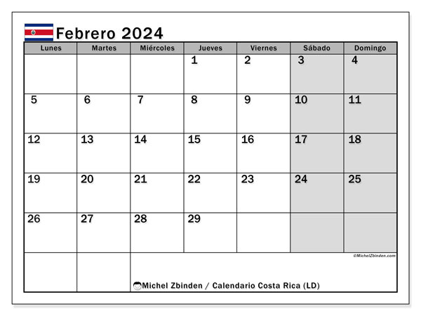 Kalender Februar 2024 “Costa Rica”. Programm zum Ausdrucken kostenlos.. Montag bis Sonntag