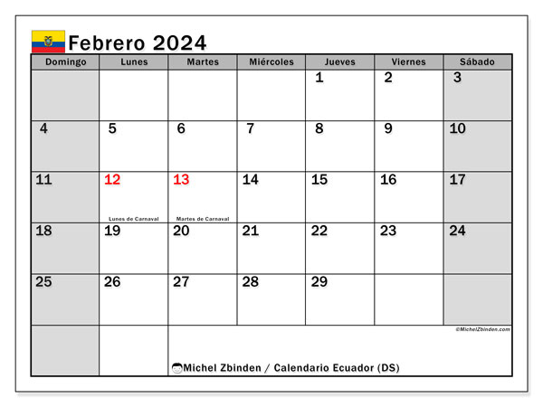 Calendario febrero 2024 “Ecuador”. Diario para imprimir gratis.. De domingo a sábado