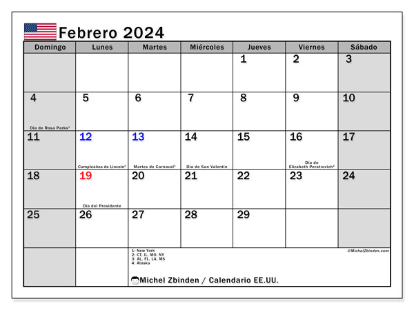 Kalender februari 2024, USA (ES). Gratis af te drukken agenda.