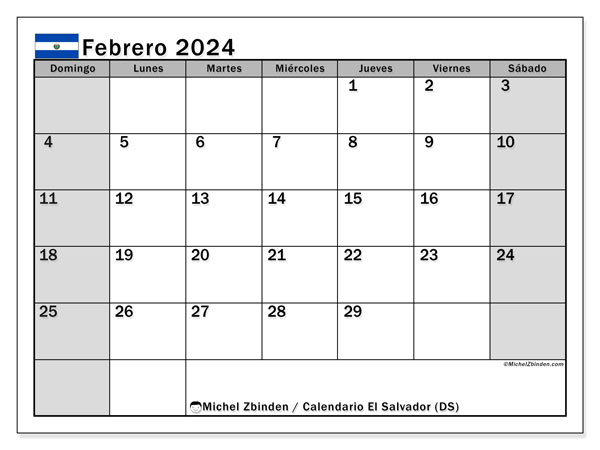 Calendario febrero 2024 “El Salvador”. Horario para imprimir gratis.. De domingo a sábado