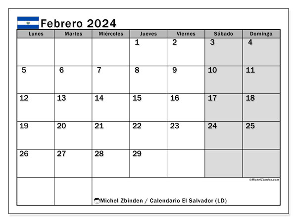 Calendario febrero 2024 “El Salvador”. Horario para imprimir gratis.. De lunes a domingo