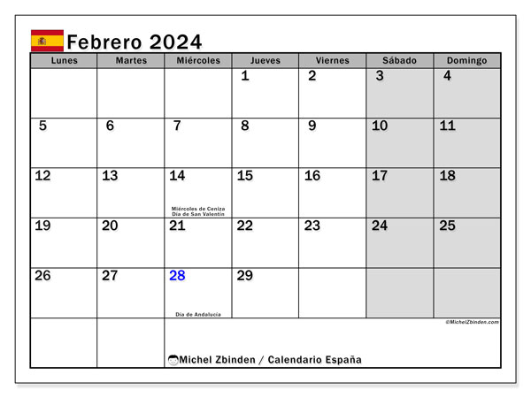Kalendarz luty 2024, Hiszpania (ES). Darmowy terminarz do druku.