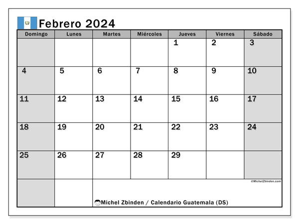Kalender Februar 2024 “Guatemala”. Programm zum Ausdrucken kostenlos.. Sonntag bis Samstag