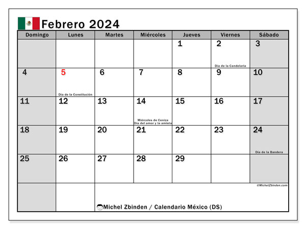 Calendario para imprimir, febrero 2024, México (DS)