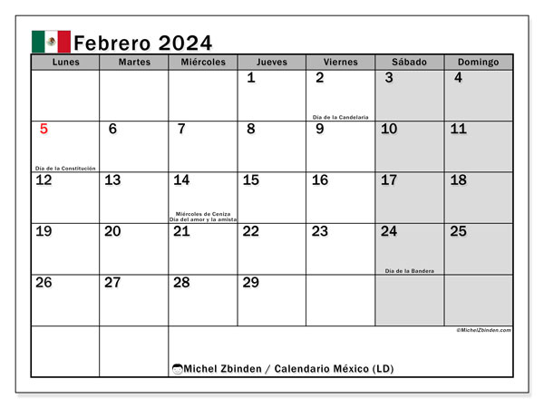 Calendário Fevereiro 2024, México (ES). Programa gratuito para impressão.