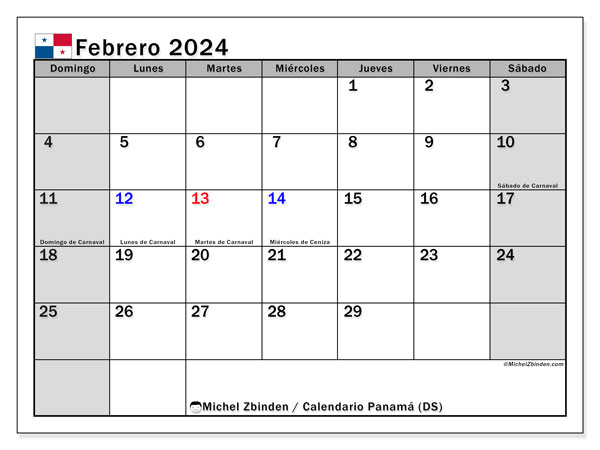 Kalenteri helmikuu 2024, Panama (ES). Ilmainen tulostettava kartta.