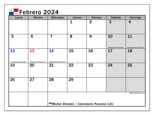 Calendario febrero 2024 “Panamá”. Horario para imprimir gratis.. De lunes a domingo