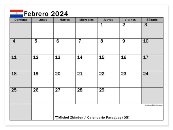 Kalenteri helmikuu 2024, Paraguay (ES). Ilmainen tulostettava kartta.