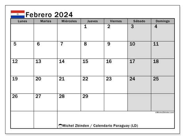 Kalender Februar 2024 “Paraguay”. Programm zum Ausdrucken kostenlos.. Montag bis Sonntag