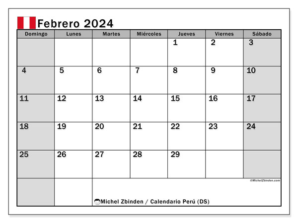 Calendrier février 2024, Pérou (ES). Plan à imprimer gratuit.