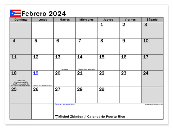 Calendario febrero 2024, Puerto Rico. Horario para imprimir gratis.