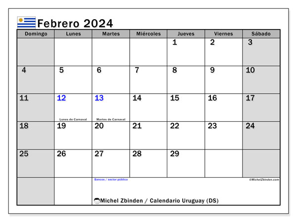 Calendário Fevereiro 2024, Uruguai (ES). Programa gratuito para impressão.