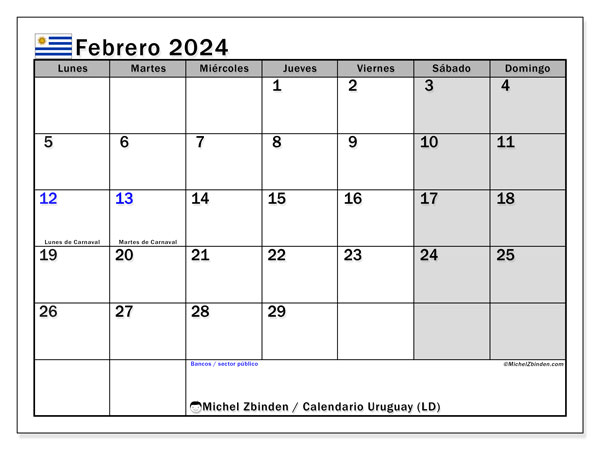 Kalender Februar 2024 “Uruguay”. Plan zum Ausdrucken kostenlos.. Montag bis Sonntag