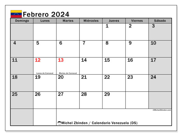 Calendário Fevereiro 2024, Venezuela (ES). Programa gratuito para impressão.