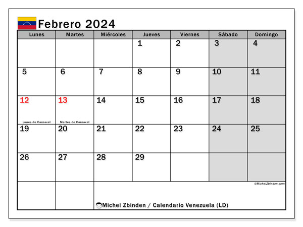 Kalender Februar 2024 “Venezuela”. Programm zum Ausdrucken kostenlos.. Montag bis Sonntag