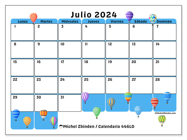 Calendario julio 2024 “446”. Diario para imprimir gratis.. De lunes a domingo