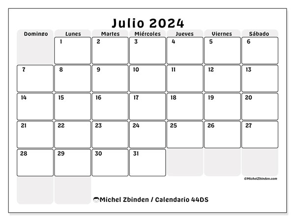 Calendario 44DS, julio de 2024, para imprimir gratuitamente. Planificación imprimible gratuita