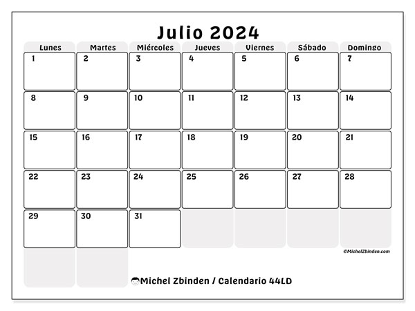 Calendario julio 2024, 44DS. Diario para imprimir gratis.