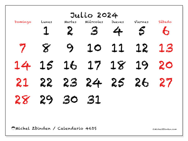 Calendario julio 2024, 46DS. Calendario para imprimir gratis.