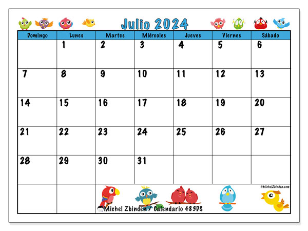 Calendario julio 2024 “483”. Horario para imprimir gratis.. De domingo a sábado