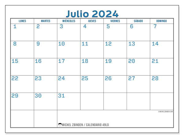 Calendario julio 2024 “49”. Calendario para imprimir gratis.. De lunes a domingo