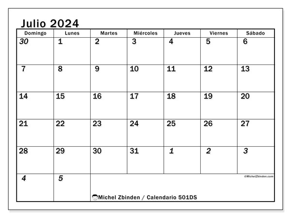 Calendario julio 2024 “501”. Calendario para imprimir gratis.. De domingo a sábado