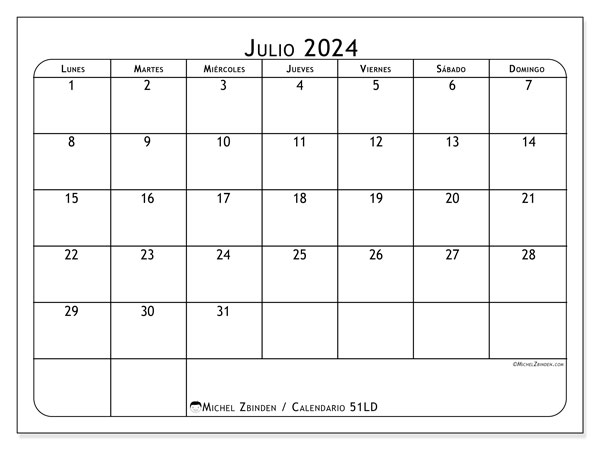 Calendario para imprimir, julio 2024, 51LD