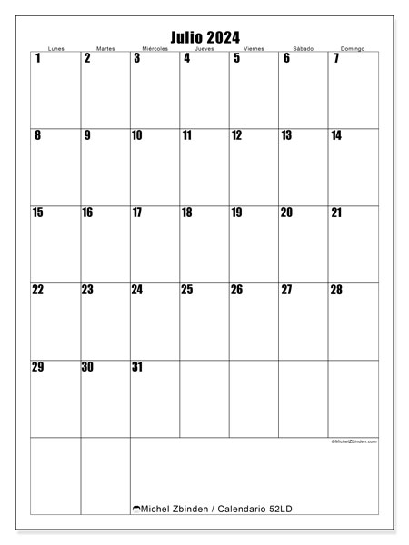 Calendario julio 2024 “52”. Horario para imprimir gratis.. De lunes a domingo