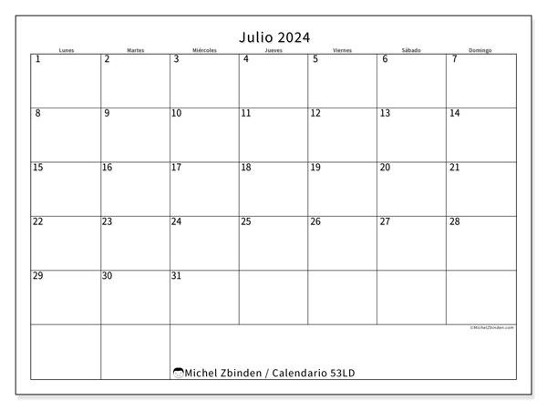 Calendario julio 2024 “53”. Calendario para imprimir gratis.. De lunes a domingo