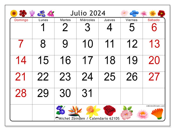 Calendario julio 2024 “621”. Diario para imprimir gratis.. De domingo a sábado