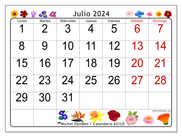 Calendario julio 2024 “621”. Diario para imprimir gratis.. De lunes a domingo