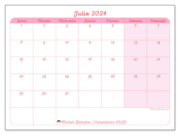 Calendario para imprimir, julio 2024, 63LD