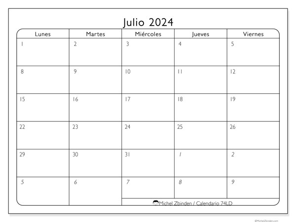 Calendario julio 2024, 74LD. Diario para imprimir gratis.