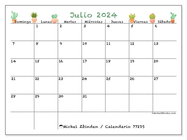 Calendario julio 2024 “772”. Horario para imprimir gratis.. De domingo a sábado